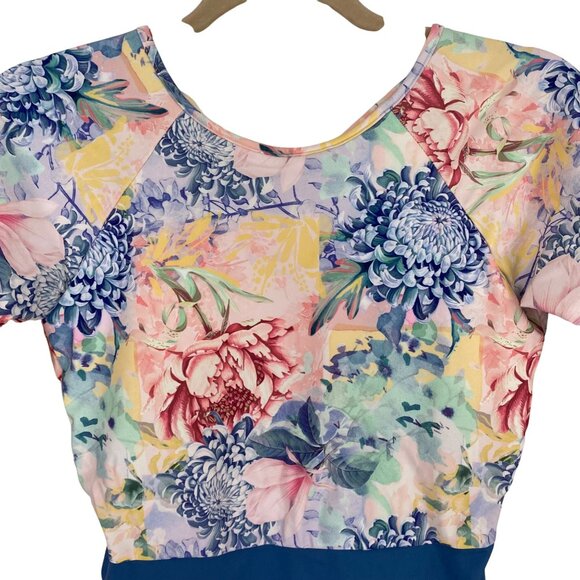 New PHAX Claridad Long Sleeve Blue Floral Color Block Paddle Swim Suit Women Sm - Picture 4 of 10